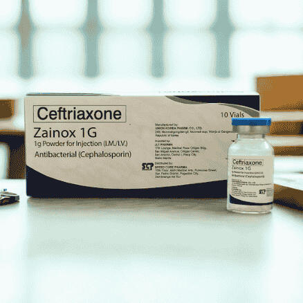 Zainox 1G (Ceftriaxone Sodium) – 1g injection powder, 1 glass vial per box Product photo of Zainox 1G (Ceftriaxone Sodium) 1g injection powder, packaged in a single glass vial per box.