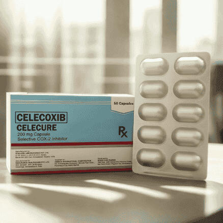 Celecure (Celecoxib) – 200mg capsules in blister packs, box of 50 Product photo of Celecure (Celecoxib) 200mg capsules, packaged in blister packs with 50 capsules per box.