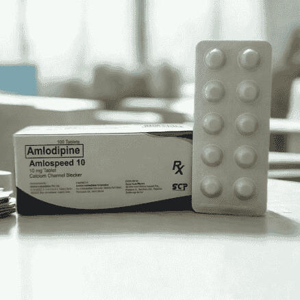 Amlospeed 10mg (Amlodipine) – 10mg film-coated tablets, 100 tablets per box Product photo of Amlospeed 10mg (Amlodipine) film-coated tablets, packaged in a blister pack with 100 tablets per box.