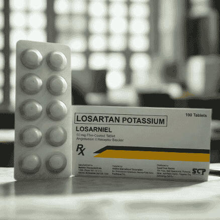 Losarniel (Losartan Potassium) – 50mg film-coated tablets in blister packs, box of 100 Product photo of Losarniel (Losartan Potassium) 50mg film-coated tablets, packaged in blister packs with 100 tablets per box.